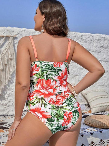 Woobilly® Plus Size Tropical Print Swimsuit One Piece  Boho Bathing Suit