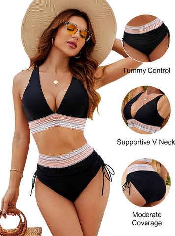 Woobilly® High Waisted Tummy Control Color Block Bikini Sets