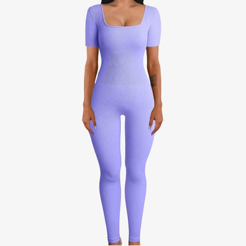 Yoga Jumpsuits Workout Ribbed Short Sleeve Square Neck Sport Jumpsuits