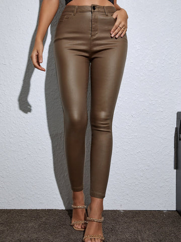 High Waist Thermal Lined PU Leather Skinny Cropped Trousers