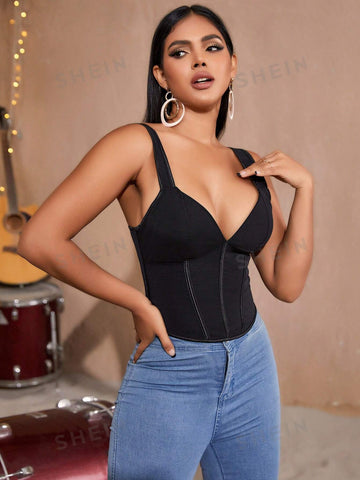 Apperloth A Solid Deep V Neck Lace Up Backless Crop Corset Top