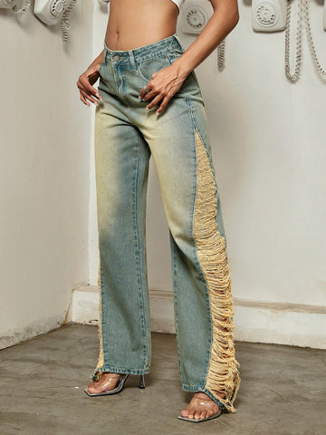 Vintage Slant Pocket Ripped Straight Leg Jeans