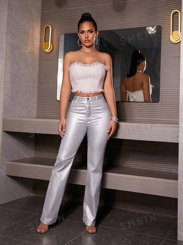 High Waist Stretchy Slant Pocket  Metallic  PU Leather Straight Leg Pants