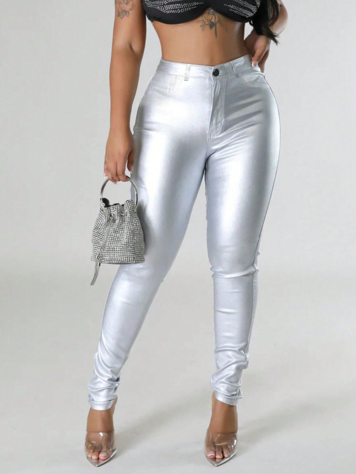 High Waist Thermal Lined PU Leather Skinny Cropped Trousers