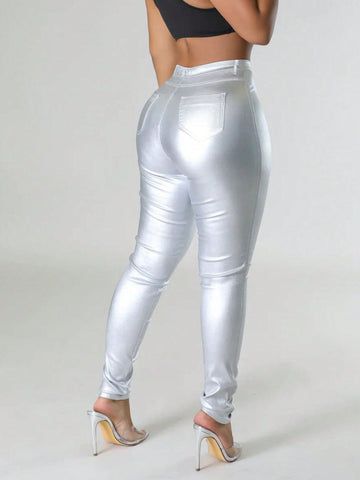 High Waist Thermal Lined PU Leather Skinny Cropped Trousers