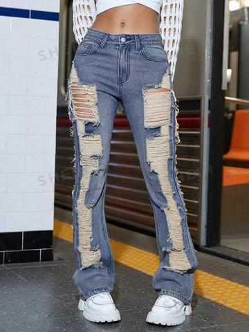 Street Slant Pocket Ripped Flare Leg Jeans