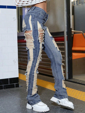 Street Slant Pocket Ripped Flare Leg Jeans