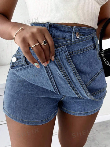 Rave Y2K Street High Waist Blue Wrap Waist Irregular Hem Denim Skinny Casual Comfy Dating Cargo Mini Skorts