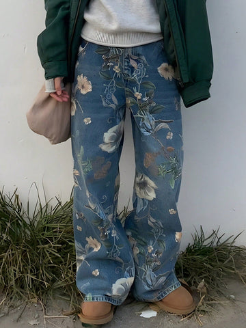 90s Vintage Floral Print High Waist Wide Leg Jeans