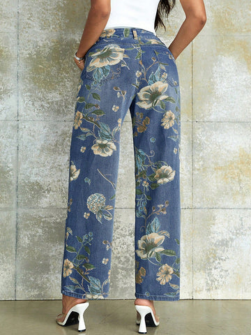 90s Vintage Floral Print High Waist Wide Leg Jeans