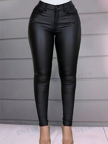 High Waist Thermal Lined PU Leather Skinny Cropped Trousers