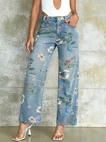 90s Vintage Floral Print High Waist Wide Leg Jeans