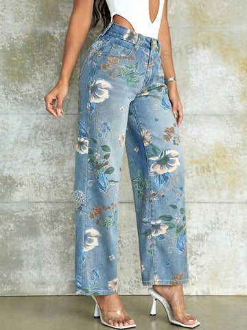 90s Vintage Floral Print High Waist Wide Leg Jeans