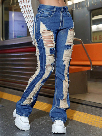 Street Slant Pocket Ripped Flare Leg Jeans