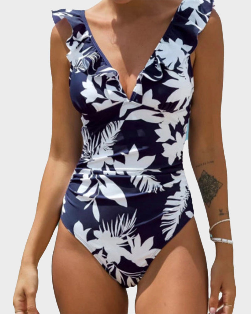 Woobilly Floral Ruffled Lace Up One Piece Swimsuit