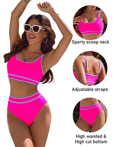 Woobilly®High Waisted Color Block Cheeky High Cut Bathing Bikini Sporty Two Piece Swimsuits