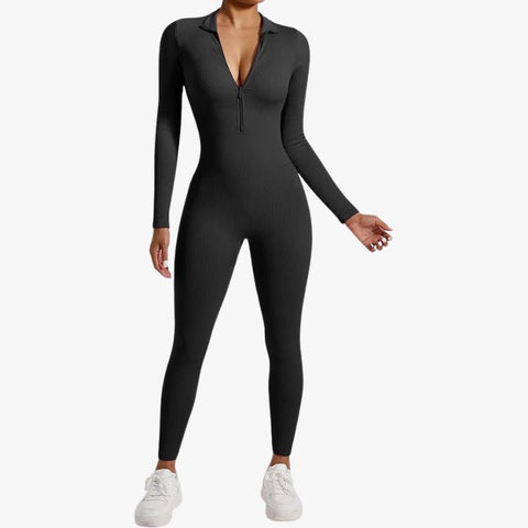 Ribbed Long Sleeve Front Zip Jumpsuit