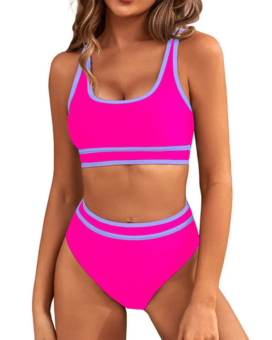 Woobilly®High Waisted Color Block Cheeky High Cut Bathing Bikini Sporty Two Piece Swimsuits