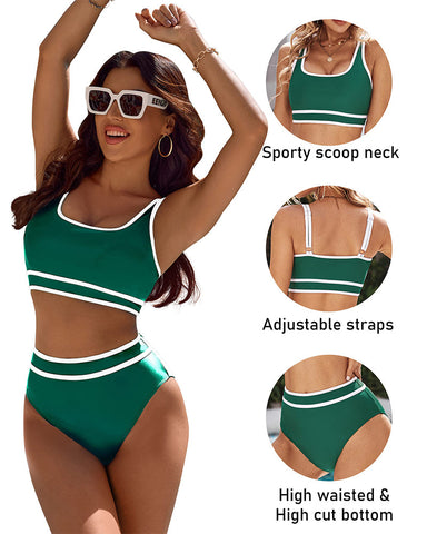 Woobilly®High Waisted Color Block Cheeky High Cut Bathing Bikini Sporty Two Piece Swimsuits