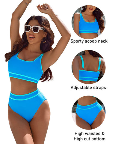 Woobilly®High Waisted Color Block Cheeky High Cut Bathing Bikini Sporty Two Piece Swimsuits