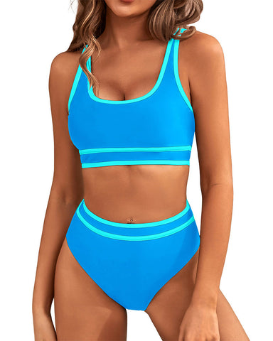 Woobilly®High Waisted Color Block Cheeky High Cut Bathing Bikini Sporty Two Piece Swimsuits