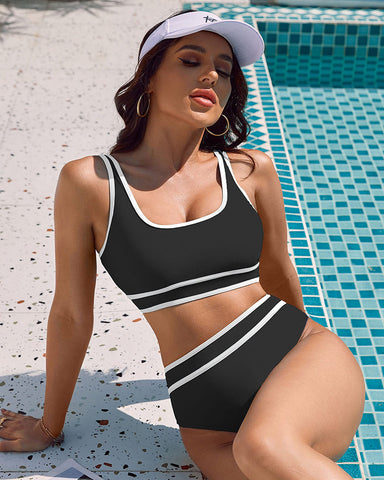 Woobilly®High Waisted Color Block Cheeky High Cut Bathing Bikini Sporty Two Piece Swimsuits