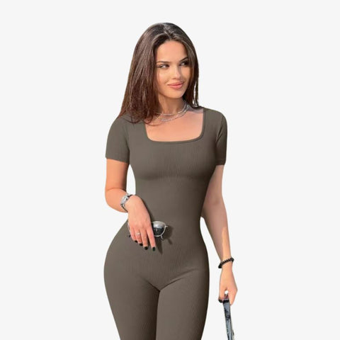 Yoga Jumpsuits Workout Ribbed Short Sleeve Square Neck Sport Jumpsuits