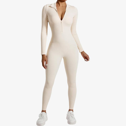 Ribbed Long Sleeve Front Zip Jumpsuit