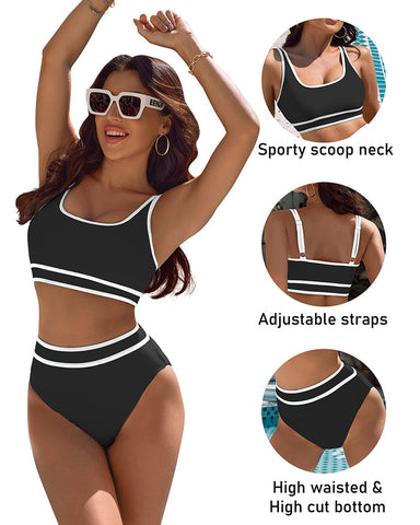 Woobilly®High Waisted Color Block Cheeky High Cut Bathing Bikini Sporty Two Piece Swimsuits