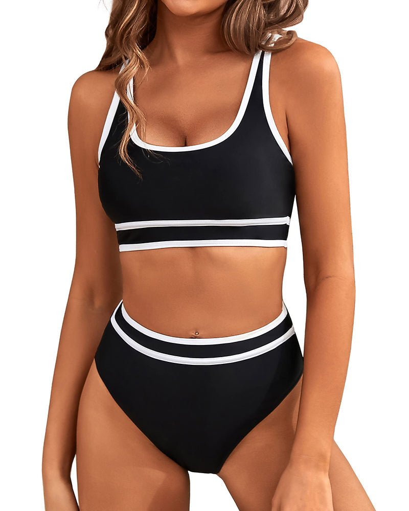 Woobilly®High Waisted Color Block Cheeky High Cut Bathing Bikini Sporty Two Piece Swimsuits