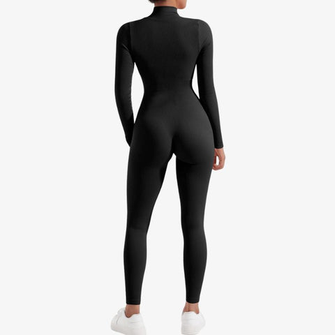 Ribbed Long Sleeve Front Zip Jumpsuit