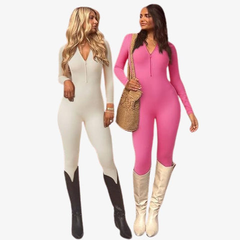 Ribbed Long Sleeve Front Zip Jumpsuit