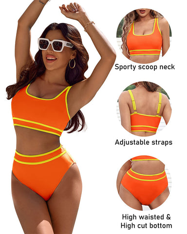 Woobilly®High Waisted Color Block Cheeky High Cut Bathing Bikini Sporty Two Piece Swimsuits