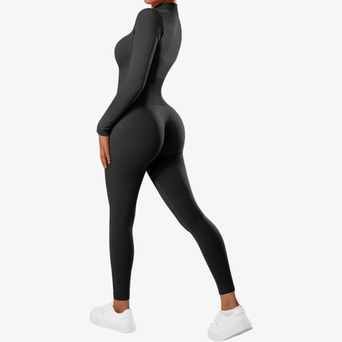 Ribbed Long Sleeve Front Zip Jumpsuit