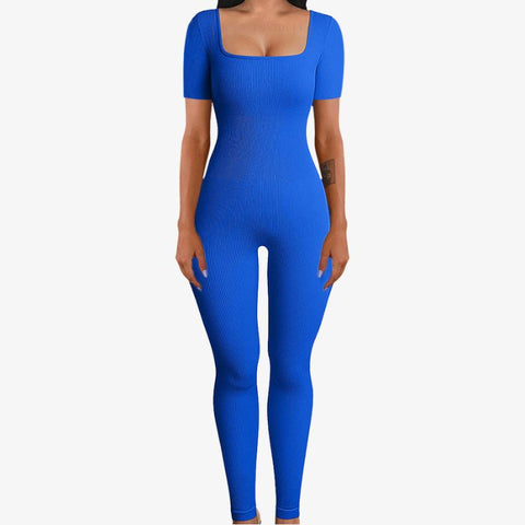 Yoga Jumpsuits Workout Ribbed Short Sleeve Square Neck Sport Jumpsuits