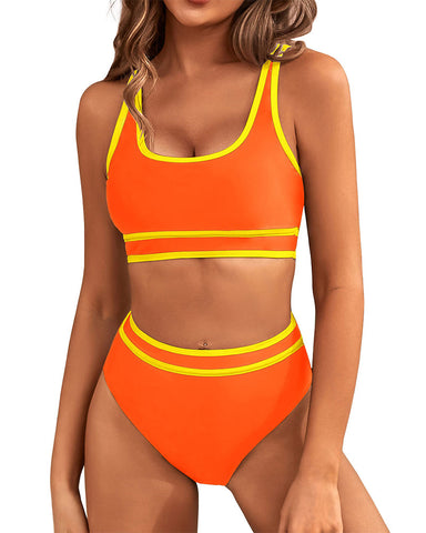 Woobilly®High Waisted Color Block Cheeky High Cut Bathing Bikini Sporty Two Piece Swimsuits