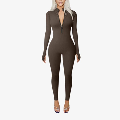 Ribbed Long Sleeve Front Zip Jumpsuit