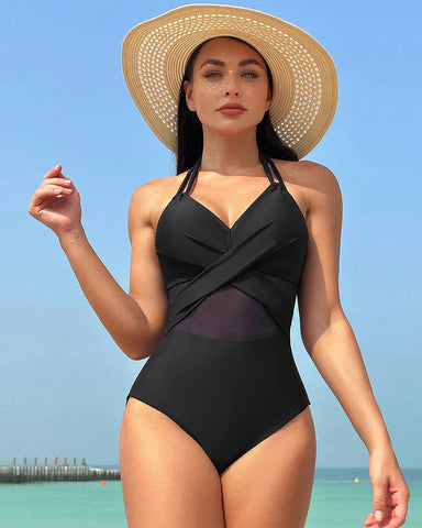 Ruched Twist-Front Halter One Piece Swimsuit