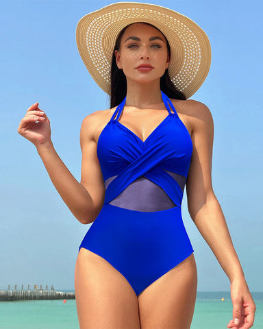 Ruched Twist-Front Halter One Piece Swimsuit