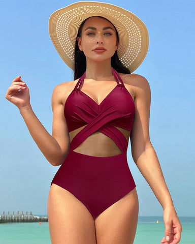 Ruched Twist-Front Halter One Piece Swimsuit